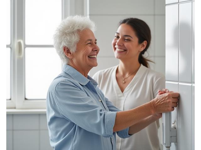 Persona mayor instalando una barra de apoyo en un baño, ilustrando la mejora de seguridad en el hogar.