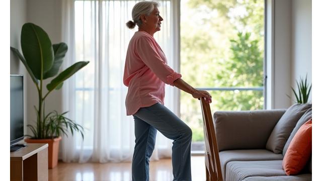 Mujer mayor practicando ejercicios de equilibrio suaves con un apoyo ligero en una silla, en un entorno seguro.