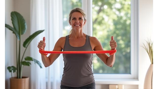 Instructor mayor demostrando ejercicios de bajo impacto con bandas de resistencia suaves para articulaciones.