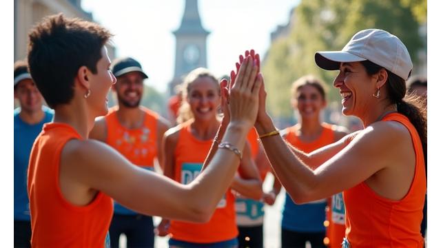 Grupo de deportistas celebrando después de un evento de running en Madrid