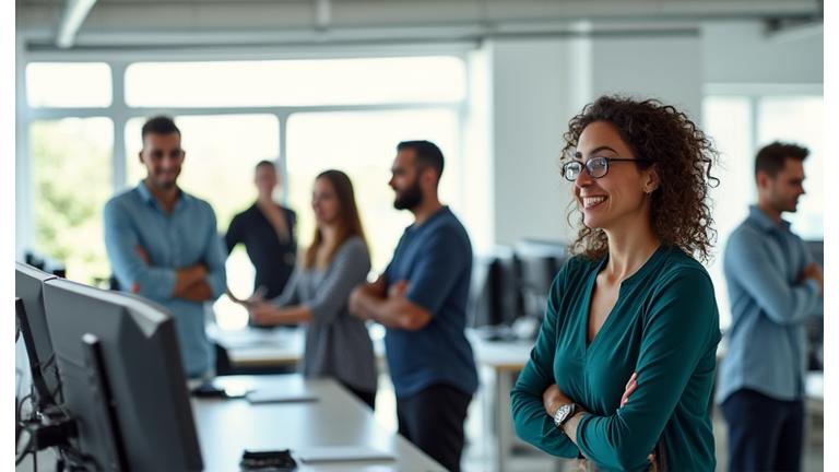 Grupo de empleados activos y sonrientes realizando un estiramiento ligero en una oficina moderna