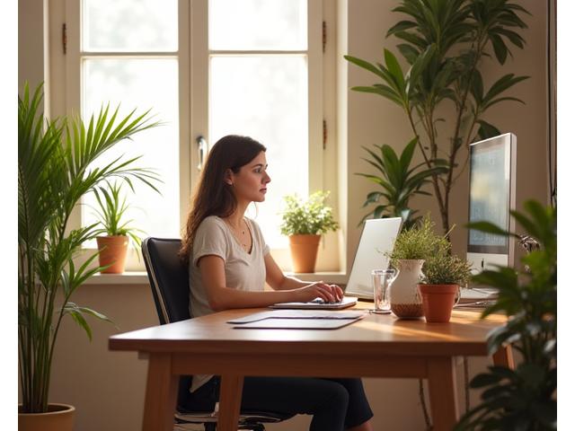 Espacio de teletrabajo acogedor con elementos naturales, persona feliz trabajando