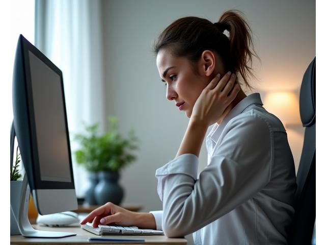 Mujer de oficina joven con dolor de espalda mientras trabaja en su escritorio en Madrid