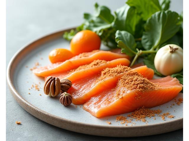 Plato colorido con salmón, aguacate, espinacas y arándanos, representando alimentos ricos en nutrientes antiinflamatorios.