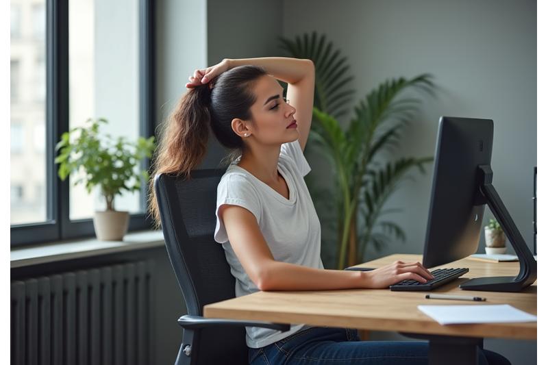 Persona estirándose suavemente en una silla de oficina ergonómica, con un ordenador y planta al fondo, indicando un break activo durante el trabajo.