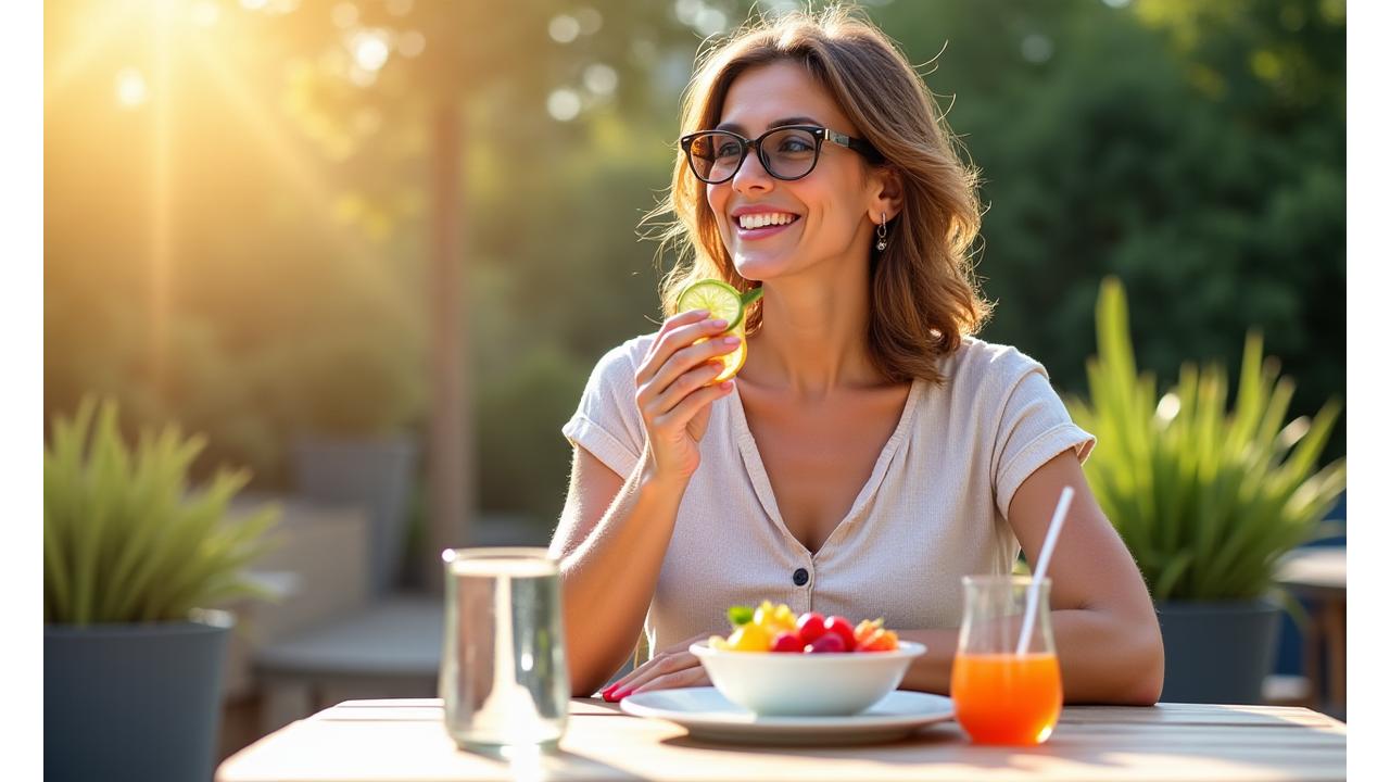 Mujer sonriente disfrutando de un desayuno saludable al aire libre, con frutas frescas y cereales, transmitiendo vitalidad y bienestar.