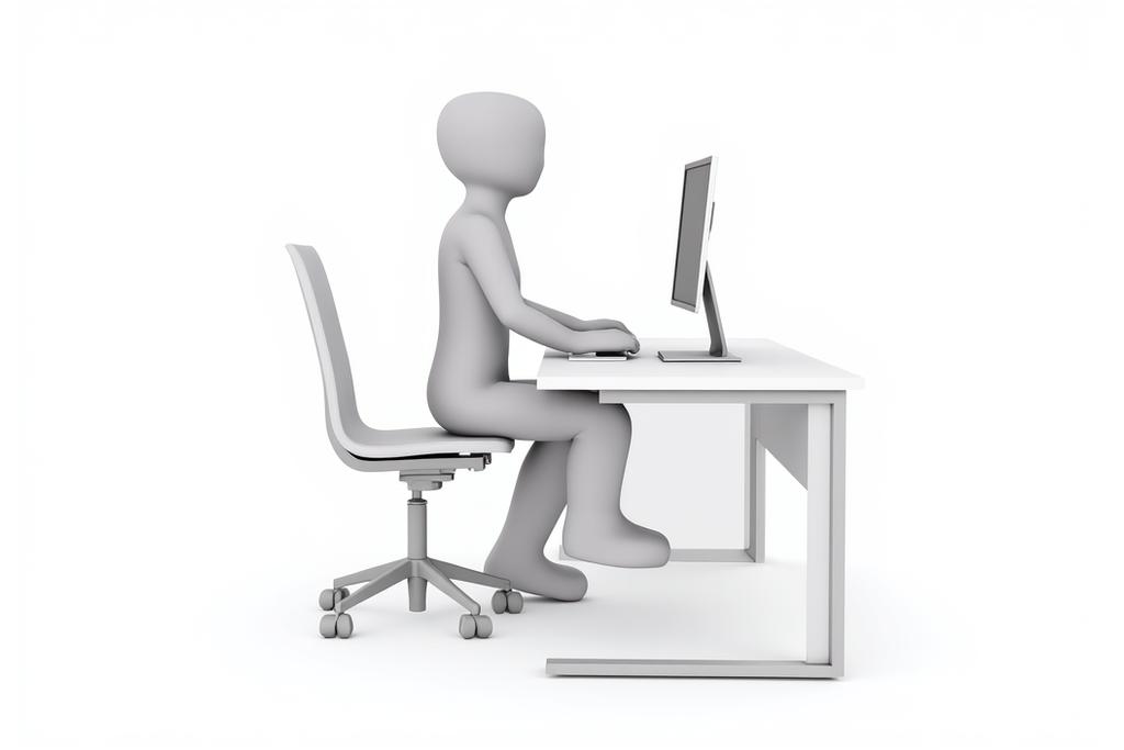 Diagrama detallado de una estación de trabajo ergonómica ideal, mostrando la altura correcta del monitor, teclado, silla y pies.