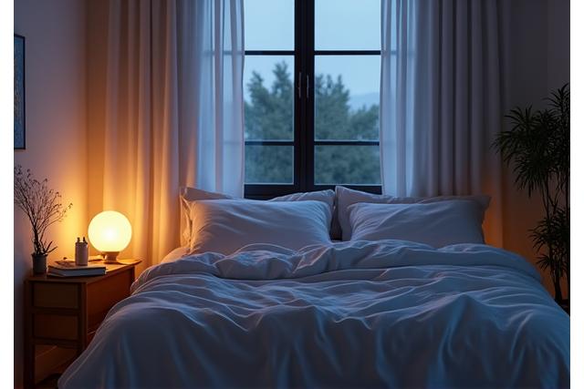 Dormitorio tranquilo y acogedor con sábanas limpias, almohadas mullidas y luz tenue, simbolizando un descanso reparador.