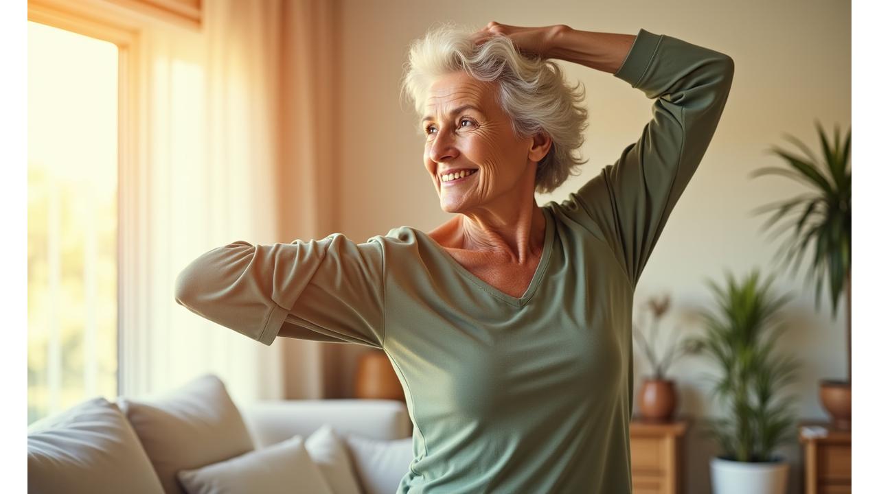 Mujer mayor realizando estiramientos suaves en casa, con enfoque en bienestar articular y movilidad.