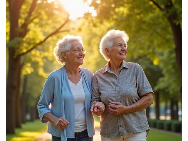 Pareja mayor sonriente paseando por un parque en Madrid, disfrutando de la movilidad recuperada.
