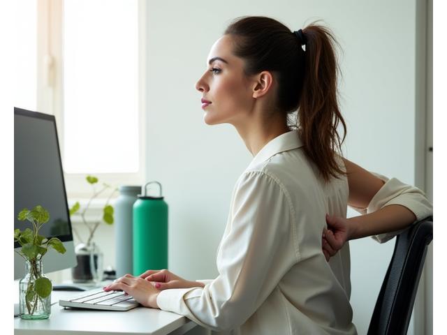 Oficinista estirándose junto a su escritorio en Madrid, aliviando la tensión de espalda.