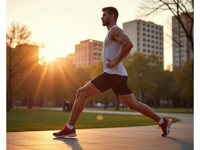 Runner con equipo moderno estirándose en un parque urbano de Madrid, prevención de lesiones.