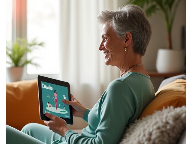 Mujer sonriente realizando estiramientos suaves con acceso a una tablet que muestra rutinas de ejercicios, simbolizando el acceso fácil y gratuito a Ópalo Diaria.