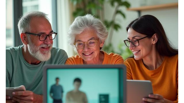 Un grupo diverso de personas sonriendo e interactuando en un foro en línea, simbolizando la comunidad activa de Ópalo Diaria.