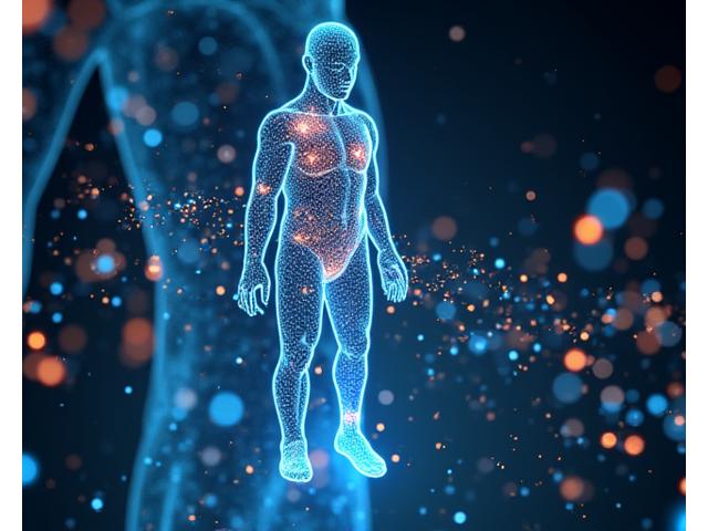 Representación de inteligencia artificial analizando datos biométricos de una persona en movimiento, con ondas de energía fluyendo hacia un plan de ejercicio digital en una pantalla. Predominan los colores de la paleta de Ópalo Diaria.