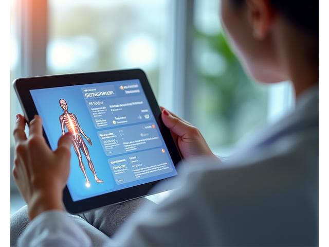 Persona completando un cuestionario en una tablet, con gráficos de progreso y un cuerpo ilustrado con puntos clave de articulación, elementos que sugieren una evaluación digital personalizada.