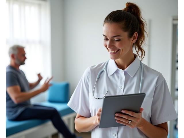 Fisioterapeuta profesional sonriendo mientras revisa un plan de ejercicios en una tablet con un paciente al fondo realizando un ejercicio ligero, en un entorno clínico moderno y luminoso.