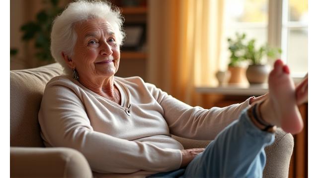 Persona de edad avanzada realizando estiramientos de cadera sentado en una silla, con una sonrisa de alivio. La escena es hogareña y cómoda.