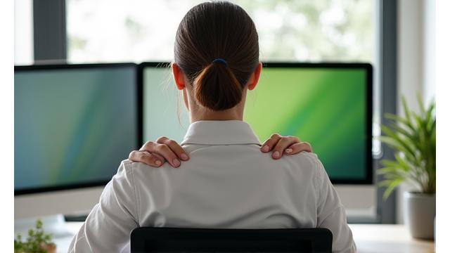 Persona realizando suaves movimientos de cuello y hombros para aliviar la tensión cervical, en un espacio de oficina ergonómico y bien iluminado.