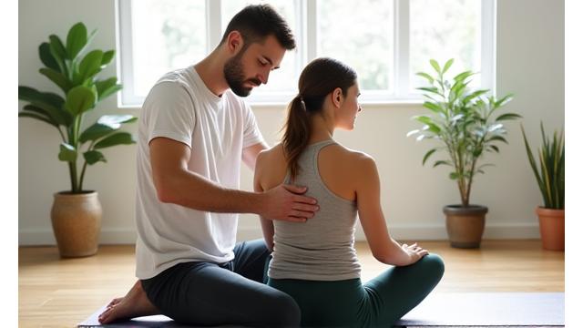 Instructor de yoga explicando la postura correcta a una persona, con énfasis en la alineación de la columna vertebral. El ambiente es sereno con plantas de interior.