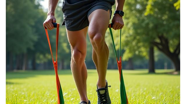 Atleta de mediana edad demostrando ejercicios de fortalecimiento de rodilla con una banda de resistencia, al aire libre en un parque soleado.