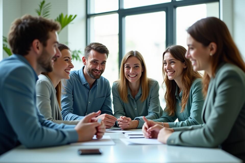 Grupo de profesionales de la salud sonriendo y colaborando en una sala de reuniones luminosa, representando el espíritu de equipo de Ópalo Diaria.