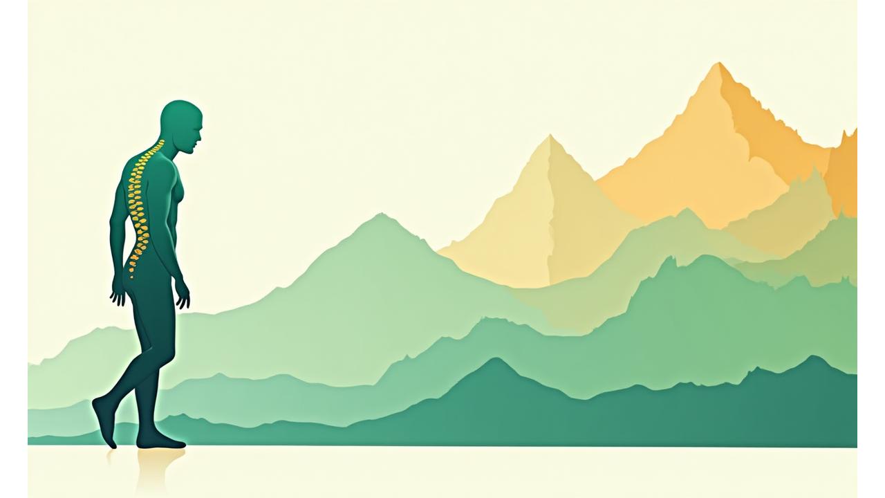 Ilustración de una persona con dolor de espalda transformándose en una figura ágil y fuerte, con un paisaje montañoso al fondo, simbolizando el camino hacia el bienestar.