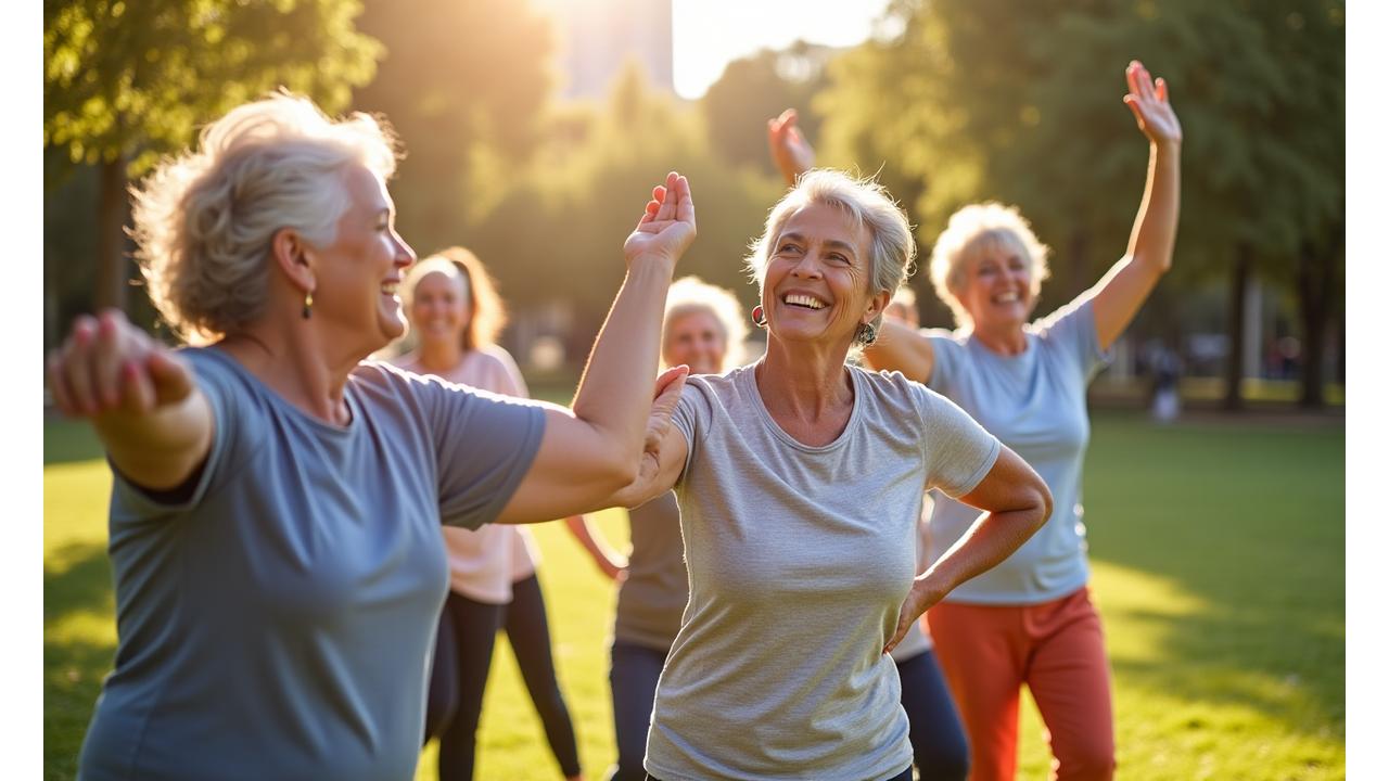 Grupo de personas mayores participando en una clase de ejercicio suave al aire libre en un parque de Madrid, sonriendo y riendo, representando la inclusión y el impacto social de Ópalo Diaria.