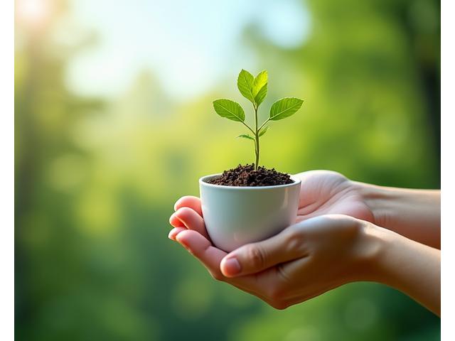 Manos sosteniendo una pequeña planta creciendo en un envase de suplemento de cerámica, con un bosque verde y un cielo azul de fondo, simbolizando sostenibilidad y la combinación de naturaleza con ciencia.