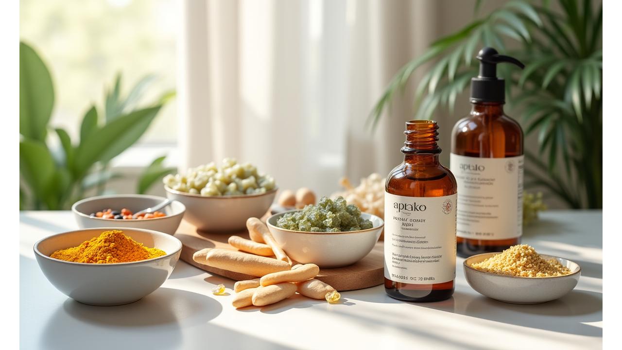 Cápsulas de suplementos en cuencos de cerámica con un fondo de hojas y materiales de vidrio