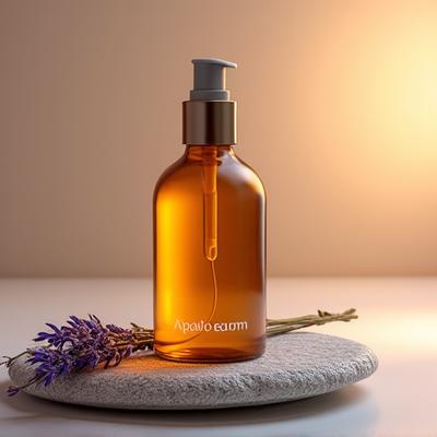 Elegante envase de vidrio ámbar de Ópalo Calm con una etiqueta minimalista y un toque de luz natural