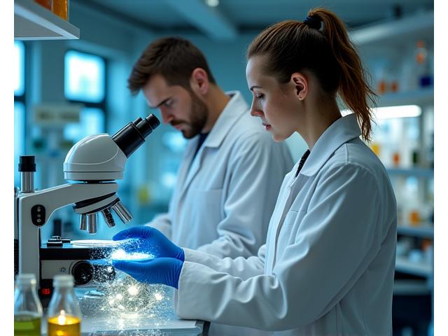 Científicos en un laboratorio moderno examinando muestras bajo microscopio, con gráficos de datos en monitores