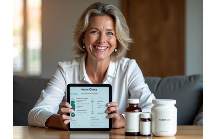 Una mujer sonriente revisando su suscripción de suplementos en una tablet, con envases de cerámica y vidrio en una mesa de madera