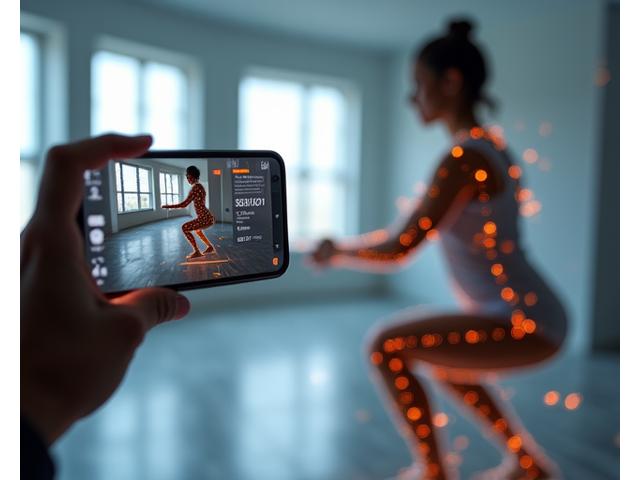 Persona realizando ejercicios frente a un smartphone, con overlays digitales que muestran análisis de movimiento potenciado por IA.