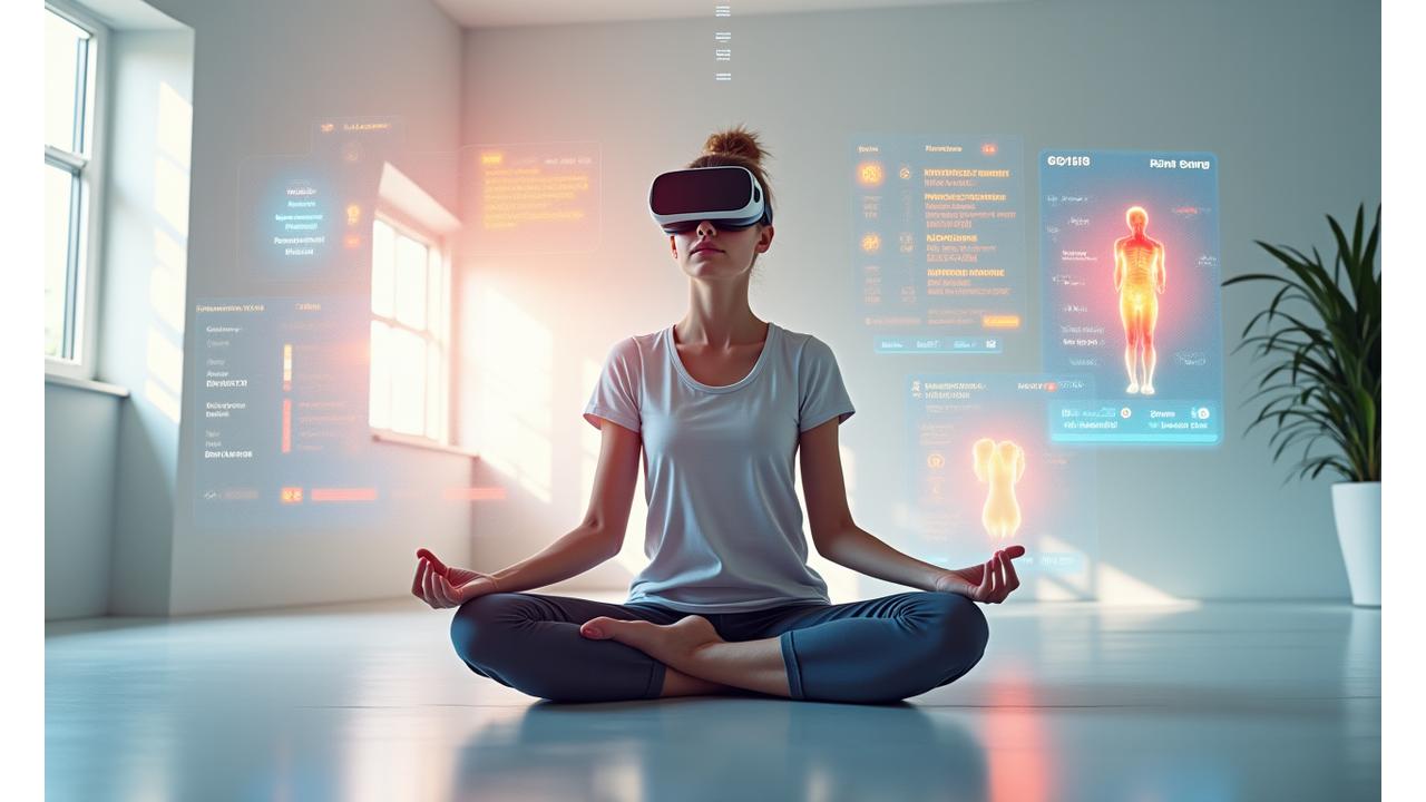 Representación futurista de tecnologías de salud, con elementos de VR, biosensores y hologramas alrededor de una persona activa.