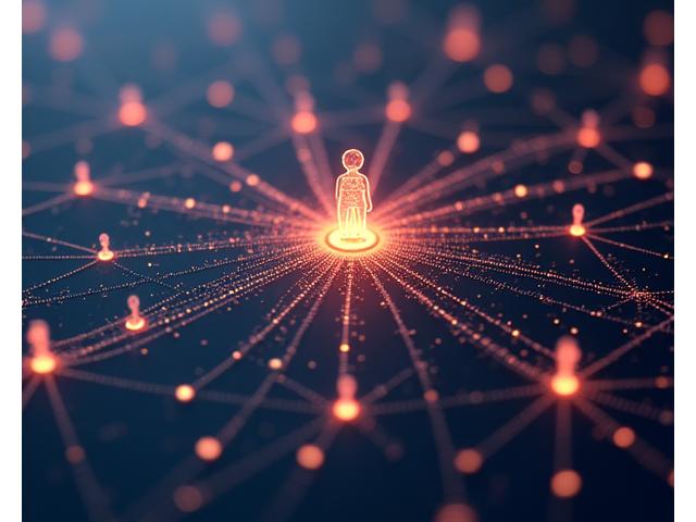 Algoritmo complejo visualizado como un diagrama de flujo de datos que se adapta a diferentes iconos de salud (corazón, dormir, ejercicio).