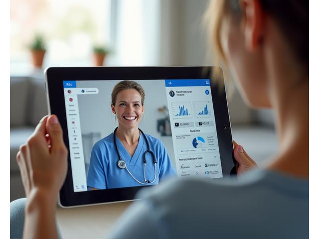 Videollamada en pantalla de tablet entre un paciente en casa y un especialista de la salud, mostrando datos compartidos en una interfaz moderna.