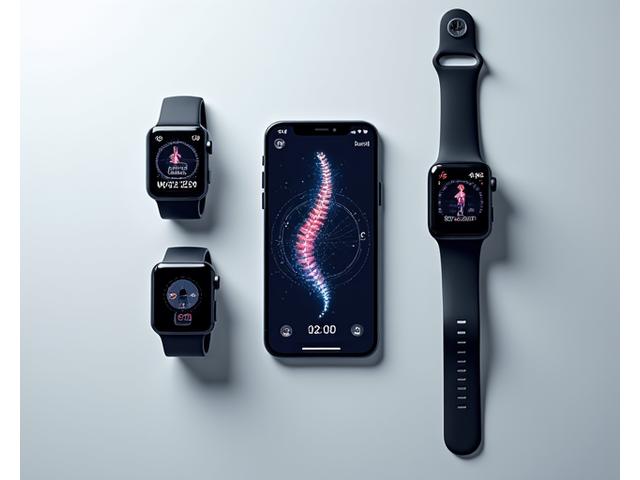 Dispositivos wearables (reloj inteligente, banda de actividad) conectados digitalmente a un smartphone mostrando métricas de salud articuladas.