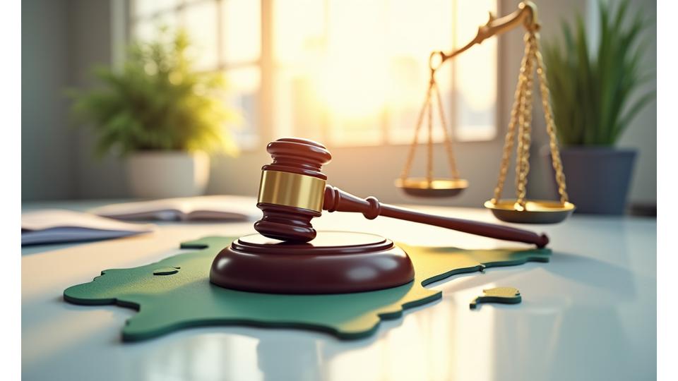 Icono de balanza y martillo de juez sobre un mapa estilizado de España, simbolizando justicia legal