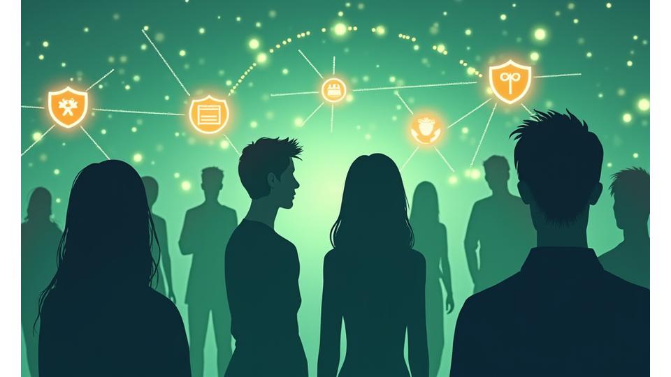 Personas interactuando éticamente en un entorno digital simbólico, con iconos de seguridad y privacidad